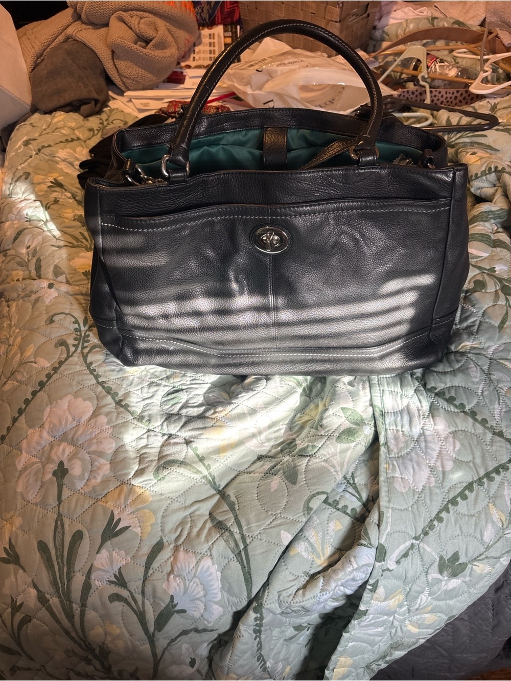 Coach Black Leather Satchel with Green Interior